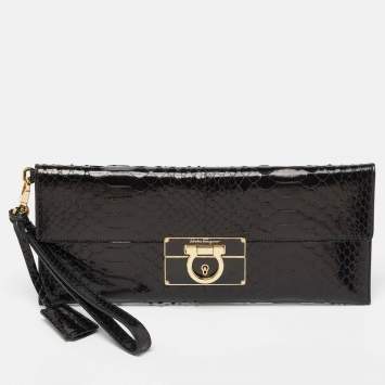 Pre Owned Salvatore Ferragamo Black Python Afef Gancio Wristlet Clutch