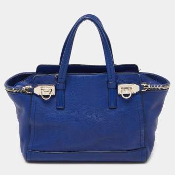 Pre Owned Salvatore Ferragamo Blue Leather Zip Tote 