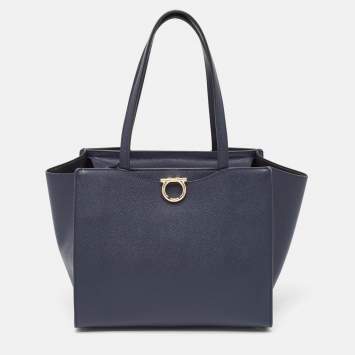Pre Owned Salvatore Ferragamo Navy Blue Leather Gemini Tote