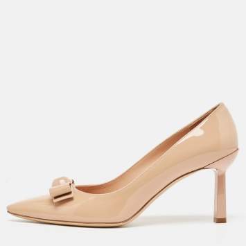 Pre Owned Salvatore Ferragamo Beige Patent Vara Bow  Pumps Size 40.5