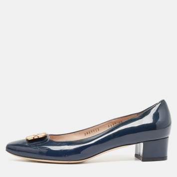 Pre Owned Salvatore Ferragamo Blue Patent Leather Block Pumps Size 40.5