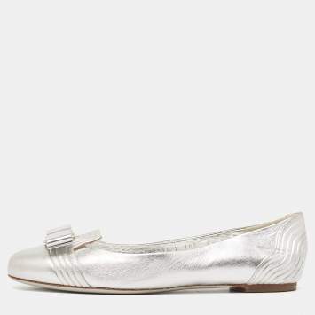 Pre Owned Salvatore Ferragamo Silver Leather Varina Bow Ballet Flats Size 39