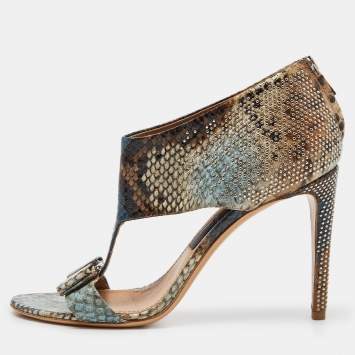 Pre Owned Salvatore Ferragamo Multicolor Python Embossed Leather Bow T Strap Sandals Size 38