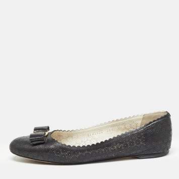 Pre Owned Salvatore Ferragamo Black Perforated Leather Vara Lace Bow Ballet Flats Size 40