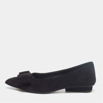Pre Owned Salvatore Ferragamo Black Suede Viva Bow Ballet Flats Size 37.5