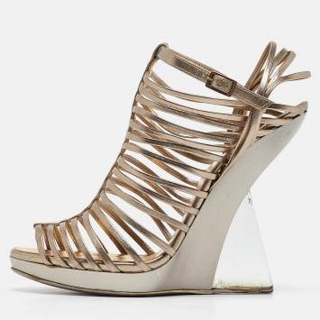 Pre Owned Salvatore Ferragamo Metallic Leather Wedge Sandals Size 39.5