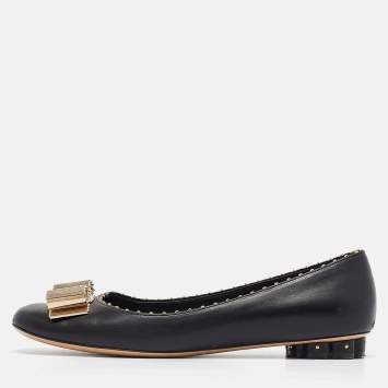 Pre Owned Salvatore Ferragamo Black Leather Vara Bow Ballet Flats Size 37.5