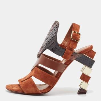 Pre Owned Salvatore Ferragamo Brown Leather Python and Leather Laos Ankle Strap Sandals Size 37.5