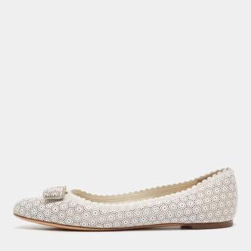 Pre Owned Salvatore Ferragamo White Perforated Leather Varina Ballet Flats Size 39.5