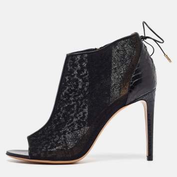 Pre Owned Salvatore Ferragamo Black Lace and Python Nufus Open Toe Booties Size 39.5