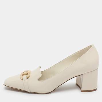 Pre Owned Salvatore Ferragamo Cream Patent Leather Gancini Block Heel Pumps Size 41.5