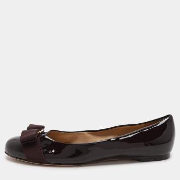 Pre Owned Salvatore Ferragamo Burgundy Patent Leather Varina Bow Ballet Flats Size 37