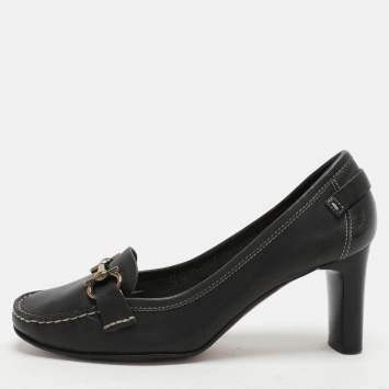 Pre Owned Salvatore Ferragamo Black Leather Gancini Loafer Pumps Size 38.5