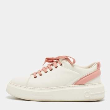 Pre Owned Salvatore Ferragamo Off White/Pink Leather Low Top Sneakers Size 38.5
