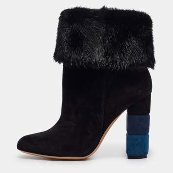 Pre Owned Salvatore Ferragamo Black Fur and Suede Knee Length Boots Size 37.5