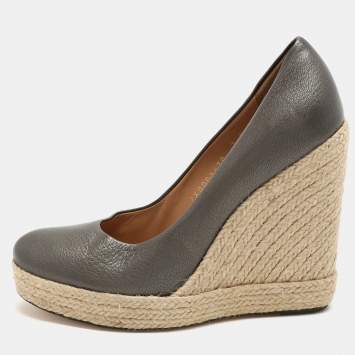 Pre Owned Salvatore Ferragamo Metallic Grey Leather Wedge Espadrille Pumps Size 37.5