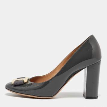 Pre Owned Salvatore Ferragamo Grey Patent Leather Vara Bow Pumps Size 40.5