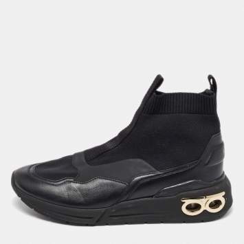 Pre Owned Salvatore Ferragamo Black Knit Fabric and Leather Cosma Sock Sneakers Size 40.5