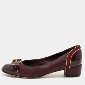 Pre Owned Salvatore Ferragamo Burgundy Leather and Suede Vara Bow Block Heel Pumps Size 35.5
