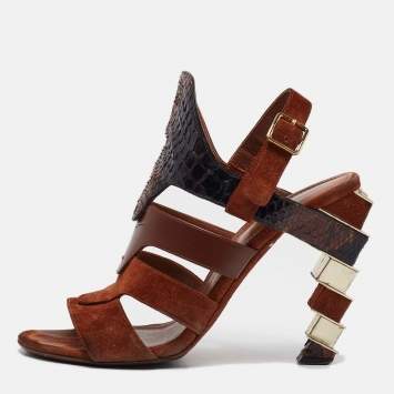 Pre Owned Salvatore Ferragamo Brown Python Leather and Suede Laos Ankle Strap Sandals 37.5