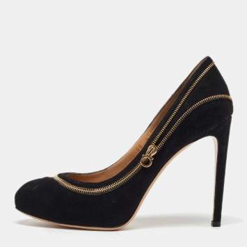 Pre Owned Salvatore Ferragamo Black Suede Rory Zipper Pumps Size 37.5