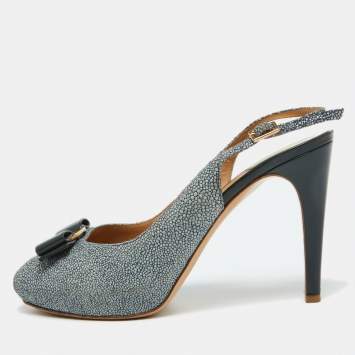 Pre Owned Salvatore Ferragamo Dark Green Stingray Vara Bow Slingback Pumps Size 39.5