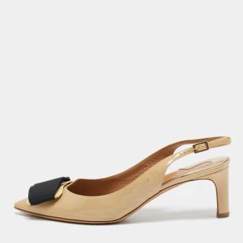 Pre Owned Salvatore Ferragamo Beige Patent Leather Bow Slingback Pumps Size 39