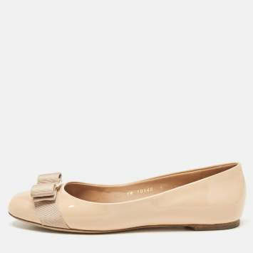 Pre Owned Salvatore Ferragamo Beige Patent Leather Vara Bow Ballet Flats Size 36.5