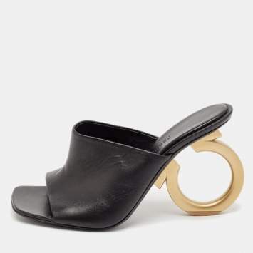 Pre Owned Salvatore Ferragamo Black Leather Astro Gancini Heel Slide Sandals Size 40