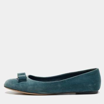 Pre Owned Salvatore Ferragamo Blue Velvet Vara Bow Ballet Flats Size 40