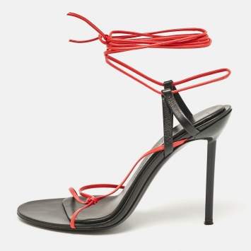 Pre Owned Salvatore Ferragamo Red/Black Leather Strappy Ankle Tie Sandals Size 38.5