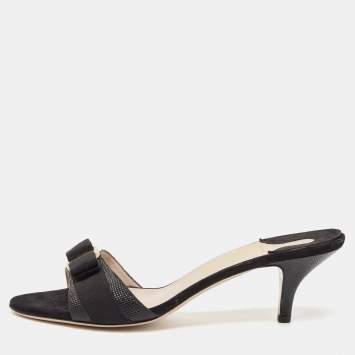 Pre Owned Salvatore Ferragamo Black Lizard Embossed Leather Vara Bow Slide Sandals Size 41