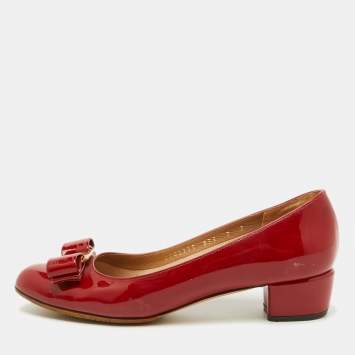 Pre Owned Salvatore Ferragamo Red Patent Leather Vara Bow Pumps Size 37.5