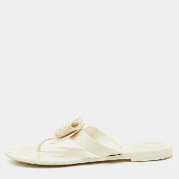Pre Owned Salvatore Ferragamo White Jelly Bow Accents Flat Sandals Size 38.5