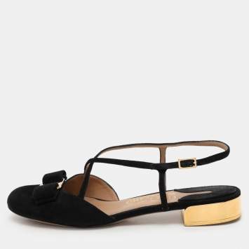 Pre Owned Salvatore Ferragamo Black Suede Vara Bow Ankle Strap Flat Sandals Size 38.5