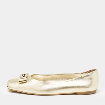 Pre Owned Salvatore Ferragamo Gold Leather Ballet Flats Size 40.5