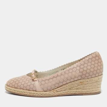 Pre Owned Salvatore Ferragamo Beige Leather Wedge Espadrille Pumps Size 39.5