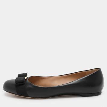 Pre Owned Salvatore Ferragamo Black Leather Vara Bow Ballet Flats Size 38