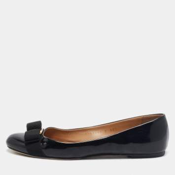 Pre Owned Salvatore Ferragamo Black Patent Leather Vara Bow Ballet Flats Size 37.5