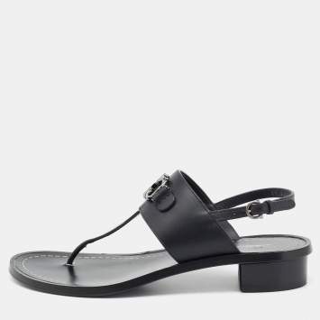 Pre Owned Salvatore Ferragamo Black Leather Thong Slingback Sandals Size 38.5