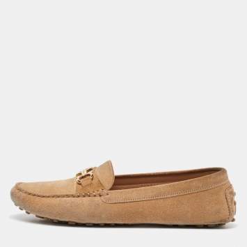 Pre Owned Salvatore Ferragamo Beige Suede Slip On Gancini Loafers Size 40