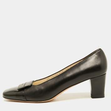 Pre Owned Salvatore Ferragamo Black  Leather Bow Block Heel Pumps Size 37