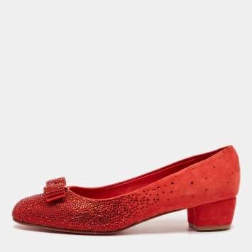 Pre Owned Salvatore Ferragamo Red Suede Crystal Embellished Vara Bow Block Heel Pumps Size 40.5