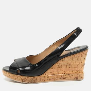 Pre Owned Salvatore Ferragamo Black Patent Leather Cork Wedge Slingback Sandals Size 39.5