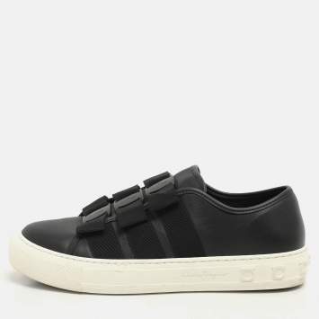 Pre Owned Salvatore Ferragamo Black Leather Vara Bow Trio Slip On Sneakers Size 38.5
