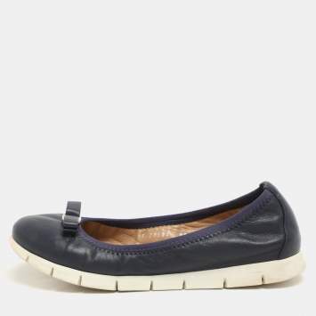 Pre Owned Salvatore Ferragamo Navy Blue Leather Vara Bow Ballet Flats Size 37.5