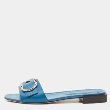 Pre Owned Salvatore Ferragamo Blue Leather Gancini Flat Slides Size 39.5