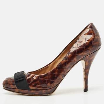 Pre Owned Salvatore Ferragamo Brown Patent Leather Vara Bow Pumps Size 39