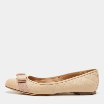 Pre Owned Salvatore Ferragamo Beige Quilted Patent and  Leather Varina Ballet Flats Size 37.5
