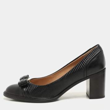 Salvatore Ferragamo Black Lizard Embossed Leather Vara Bow Block Heels Pumps Size 39